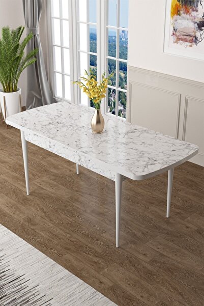 Canisa Concept Zen Serisi 80x132 Mdf Açılabilir Beyaz Mermer Desen Masa Takımı Ve 6 Lacivert Sandalye