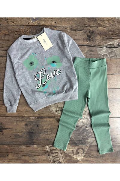 sinmm Girl's Tracksuit Set Love Flower Print Lovely Detailed Bottom Top Suit