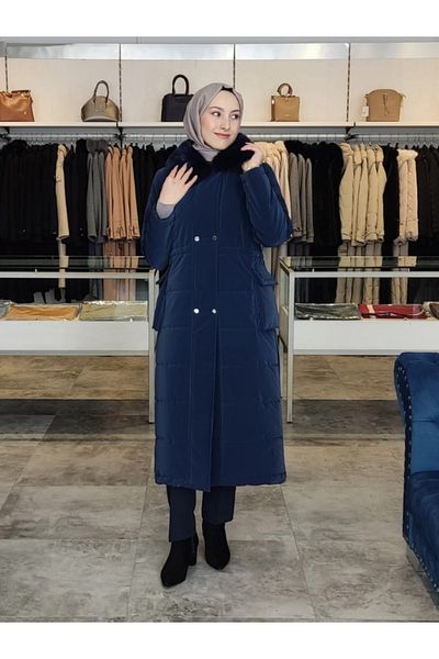 Zühre معطف نسائي بياقة من الفرو وجيوب 13699