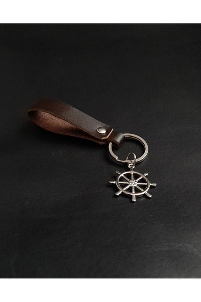 BSN Store Brown Genuine Leather Keychain with Sailor Rudder Figure