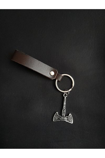 BSN Store Scandinavian Valknut Axe Figured Brown Genuine Leather Keychain