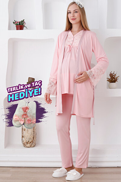 ERDENİZ TEKSTİL Uzun Kol ve Düğmeli Lohusa Pijama Takımı/3lü Hamile Pijama ve...