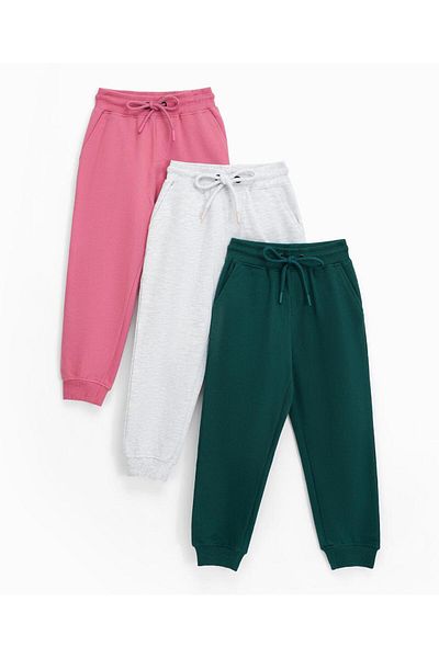 Primo Gino Pack of 3 100% Cotton French Terry Solid Track Pants - Dark Green/Grey Melange/Pink