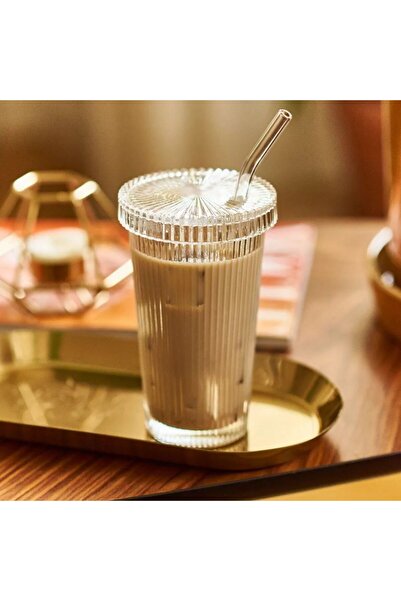 ERKUGO كوب تقديم زجاجي - 400 مل مع شفاطة، قهوة لاتيه مقاومة للحرارة