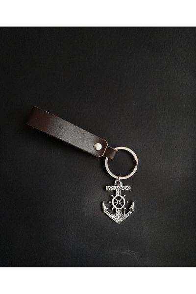 BSN Store Brown Genuine Leather Keychain with Scandinavian Sailor Anchor Figure