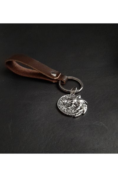 BSN Store Brown Genuine Leather Keychain with Scandinavian Dragon Figure