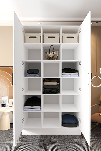 Mercie KAPAKLI 120 Cm'lik 18 Raflı Çok Amaçlı Giyinme Dolap-beyaz