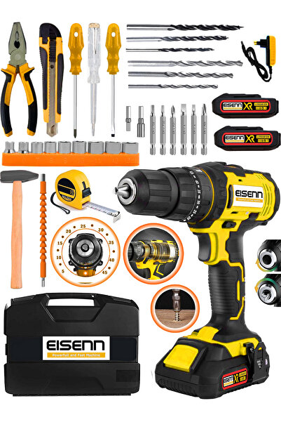 Eisenn Germany Spider E-3737 Yellow 45 Torq Kademeli Çift Akülü Vidalama Matkap 37 Pcs Komple Set Hediyeli