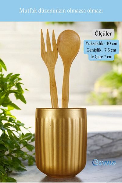 Evene Decorative Upright Spoon Holder - Countertop and Gold Color Cylinder Model 11