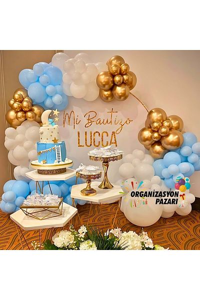 Organizasyon Pazarı Macaron Blue-White-Chrome Gold 60 Pieces Balloon Chain Set