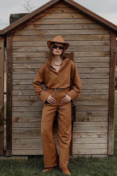 FMN Collection Equivalent Brand Nubuck and Suede Fabric Oversize Shirt and Palazzo Pants Set - with Belt, Pinterest Design