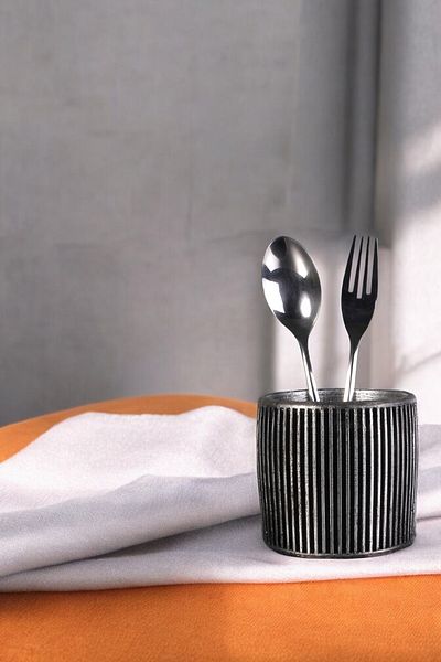Evene Decorative Silver Trim Cylinder Spoon Holder - Counter Top, Upright Model 1