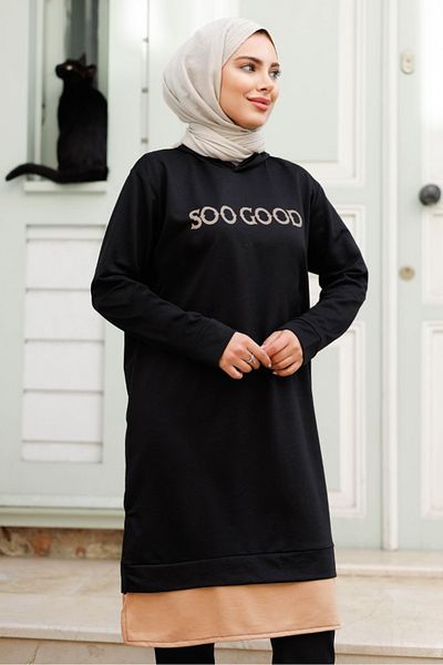 Bestenur Good Print Hooded Tunic 1284 - Μαύρο
