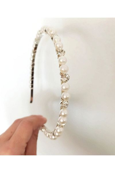 Hayalperest boncuk Women's Headband with Crystal Stones and Silver Pearls - for Bridal Engagement