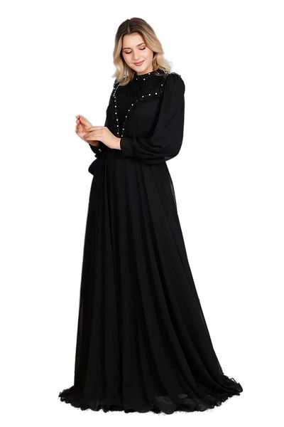 lodmela Βραδινό φόρεμα Hijab με βολάν και δαντέλα 726-Μαύρο