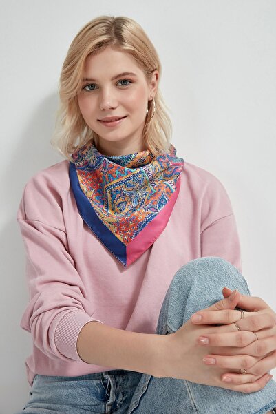 Axesoire 12397 Etnik Desenli Mavi Saten Bandana Fular