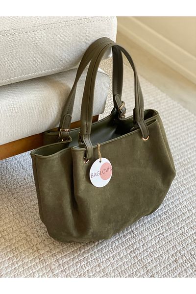 BAGLOVİS Redip Belt Strap Detail Suede Khaki Salaş Women's Shoulder Bag