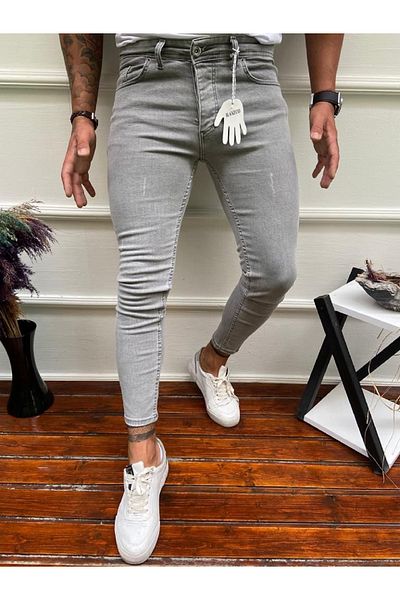 moda biz Ανδρικό τζιν λέιζερ σε γκρι λεπτή εφαρμογή Lycra