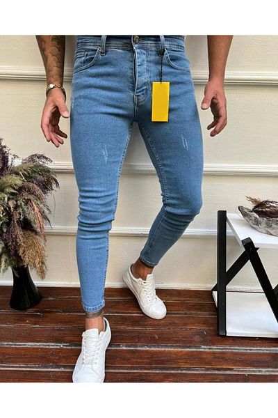 moda biz Ανδρικό τζιν λέιζερ με λεπτή εφαρμογή σε γαλάζιο χρώμα