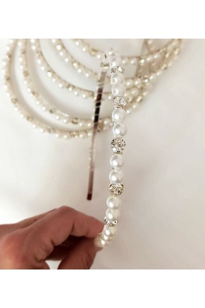 Hayalperest boncuk Women's Headband with Crystal Stones and Silver Pearls - for Bridal Engagement