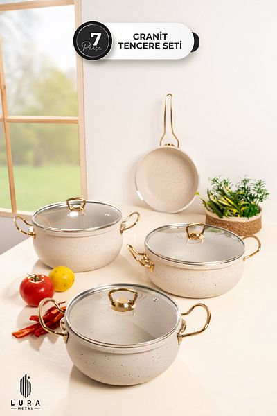 Skygo 7-Piece White Granite Cookware Set - Stylish and Durable Design with Gold Handle Detail