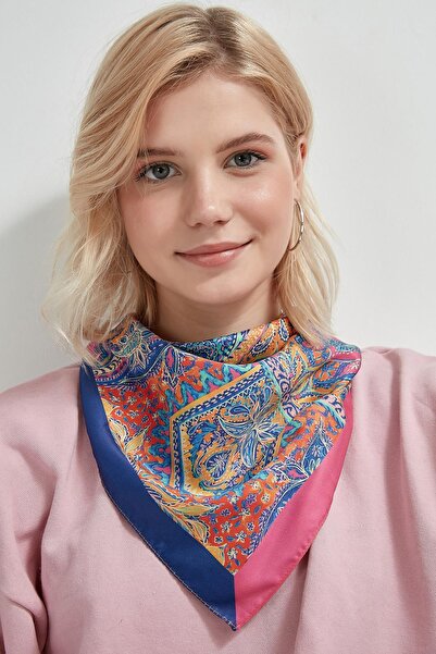 Axesoire 12397 Etnik Desenli Mavi Saten Bandana Fular