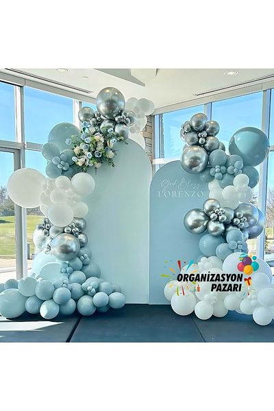 Organizasyon Pazarı Storm Blue-White-Chrome Silver Balloon Chain Set of 100