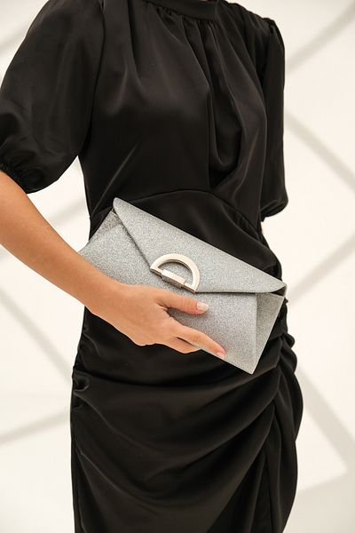 ROZA CANTA Γυναικείο βραδινό φόρεμα Silver Glitter, Clutch βραδινή τσάντα