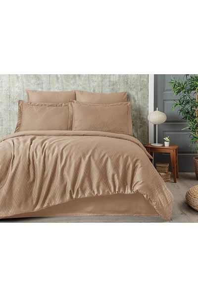 Sevim Tivoli Jacquard 100% Cotton Satin Double Duvet Cover Set - Diamond - Cappuccino - 200X220 cm