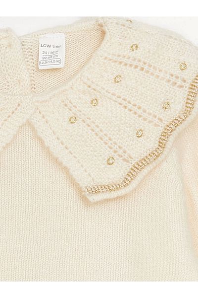 LC Waikiki Lcw Baby Ecru Dětský límec s dlouhým rukávem Dívčí pletený svetr s vlastním vzorem