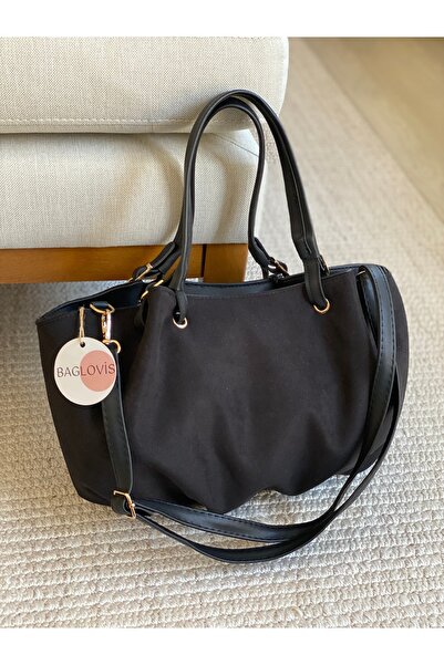 BAGLOVİS Redip Belt Strap Detail Suede Black Salaş Women's Shoulder Bag