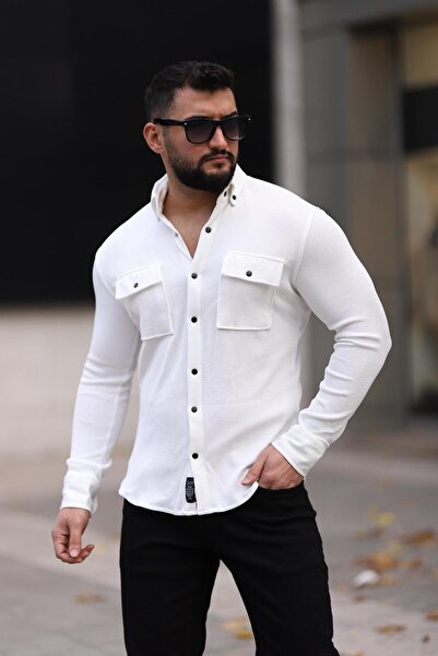 Dr Dnm Remix Чоловіча біла приталена трикотажна сорочка з подвійною кишенею