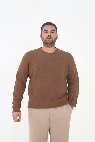 Maccali Men's Large Size V-Neck Oversized Basic Brown Sweatshirt