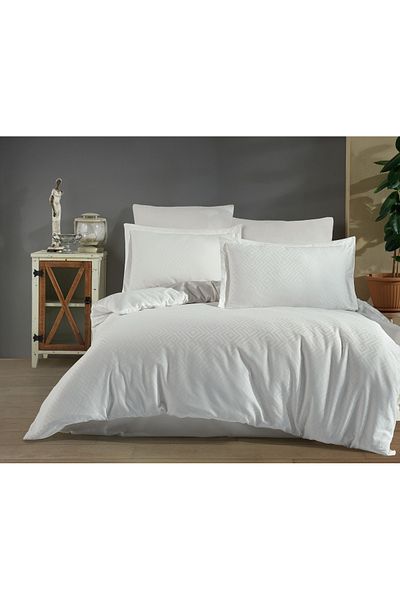 Sevim Double Jacquard and Satin Duvet Cover Set - 100% Cotton - Dowry and Luxury Duvet Cover - Metis-Cream