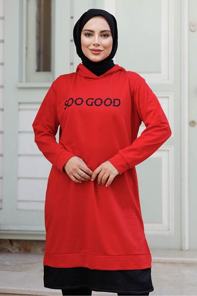 Bestenur Good Print Hooded Tunic 1284 - Red