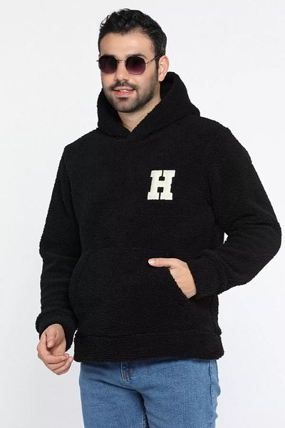 MİSHAR İTALİA Men's Black Hooded Kangaroo Pocket Plush Sweatshirt