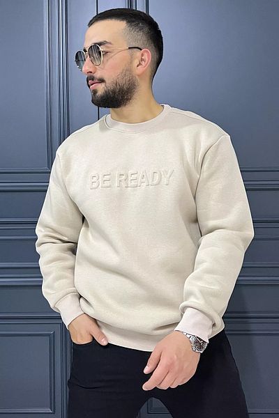 MİSHAR İTALİA Ανδρικό φούτερ σε μπεζ ανάγλυφο γράμμα Crew Neck