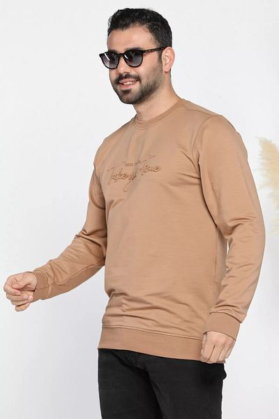 MİSHAR İTALİA Мъжки суитшърт с кръгло деколте и релефен текст Biscuit