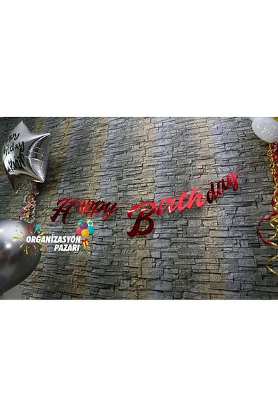 Organizasyon Pazarı Banner scris de mână Happy Birthday metalic de culoare roșie