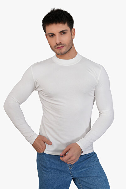 penyebizden Erkek Dik Yaka Slim Fit Pamuk Likra Tişört-Off White
