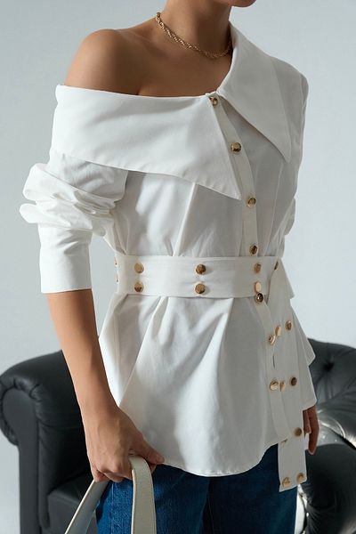 Lupies Women's Ecru Belt Detailed Gold Buttoned Shirt