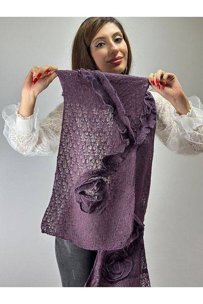 Gönülden Tasarım TRICOTAT TRICOTAT CU FLORI EșARFĂ FEMEI ŞAL 180X30 CM Violet