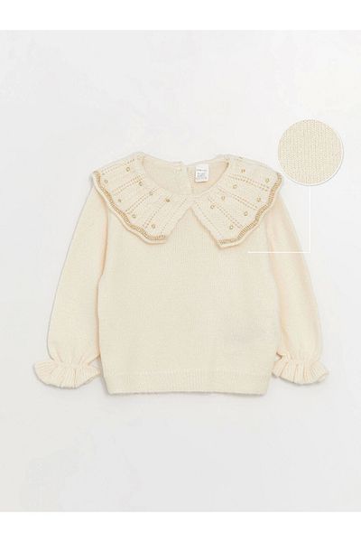 LC Waikiki Lcw Baby Ecru Dětský límec s dlouhým rukávem Dívčí pletený svetr s vlastním vzorem