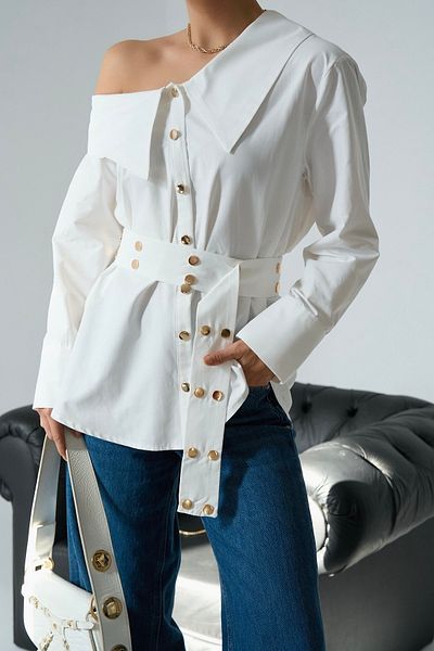 Lupies Women's Ecru Belt Detailed Gold Buttoned Shirt