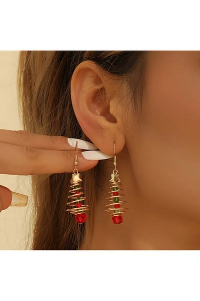 Takıtolia Special Design Pine Tree Figured Gift Red Green Beaded Dangle Earrings
