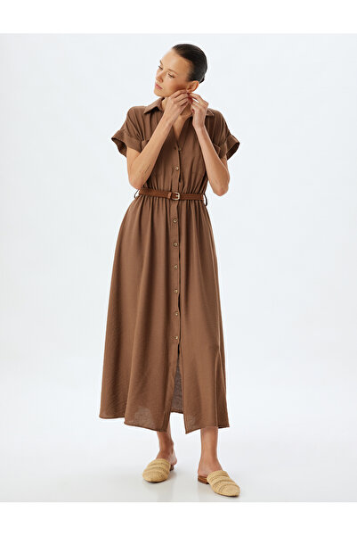 Koton Rochie cămașă lungă cu mânecă scurtă și curea - Design cu buzunare