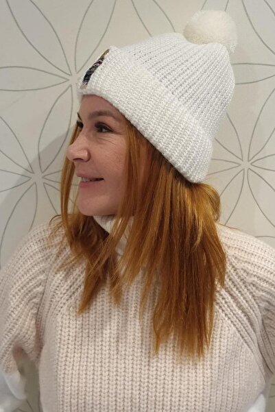 ZISHAN Beanie with Teddy Bear - Knitted Cotton Blend a Quality Pompom Ecru Beanie 888