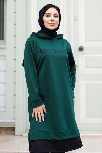 Bestenur Emerald Green Hooded Tunic 1284 - Good Print
