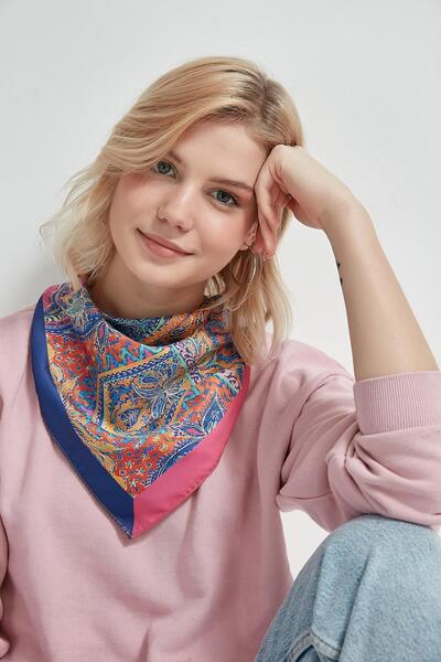 Axesoire 12397 Etnik Desenli Mavi Saten Bandana Fular