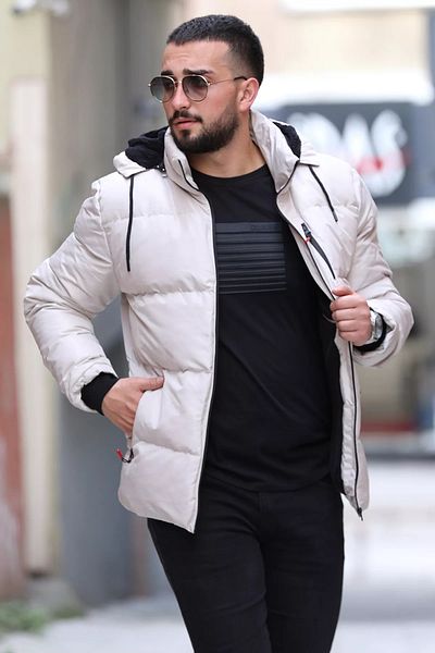 MİSHAR İTALİA Ανδρικό παλτό με πέτρινη κουκούλα με φερμουάρ βελούδινο εσωτερικό